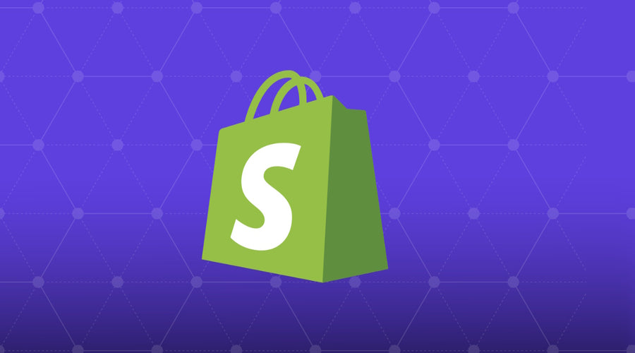 Logo officiel Shopify présenté sur fond violet avec motif graphique.