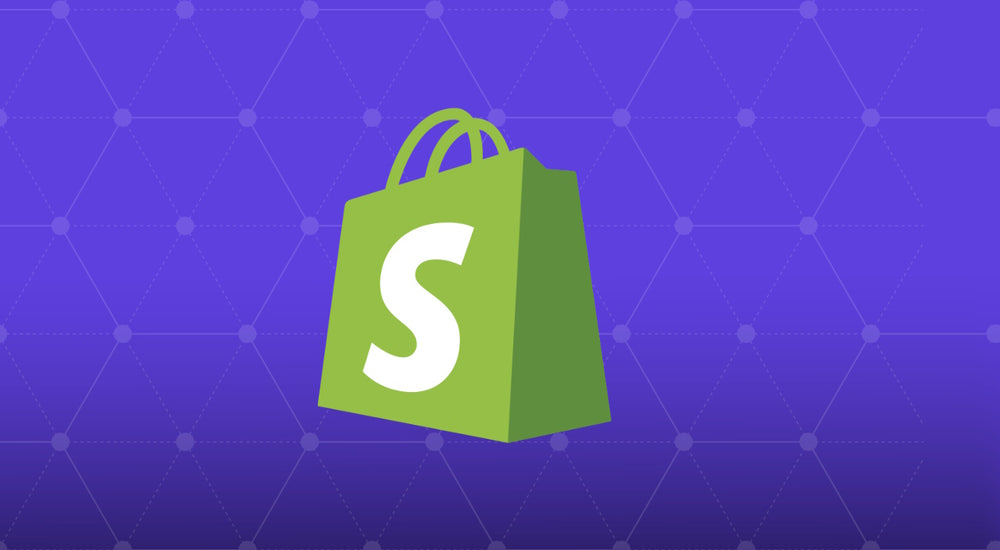 Logo officiel Shopify présenté sur fond violet avec motif graphique.