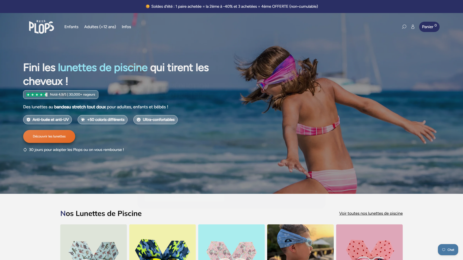 Page d'accueil du site Waterplops en version ordinateur, lunettes de piscine et de natation pour enfants et adultes